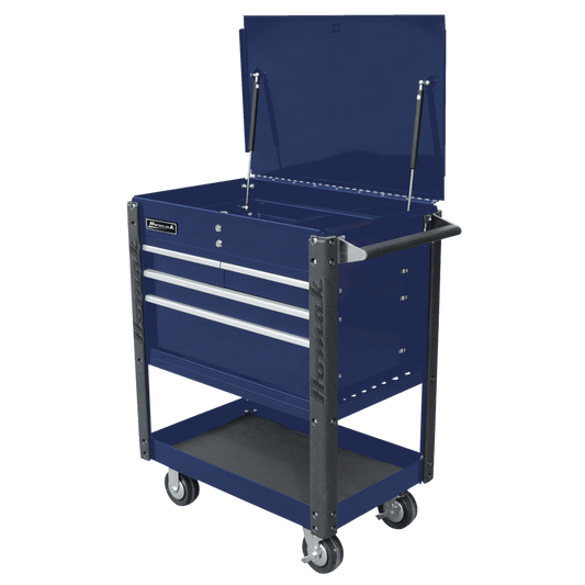 Blue 35-inch flip-top service cart with four drawers, durable steel construction, locking casters, and lower storage shelf—perfect for professional tool organization in garages and workshops.