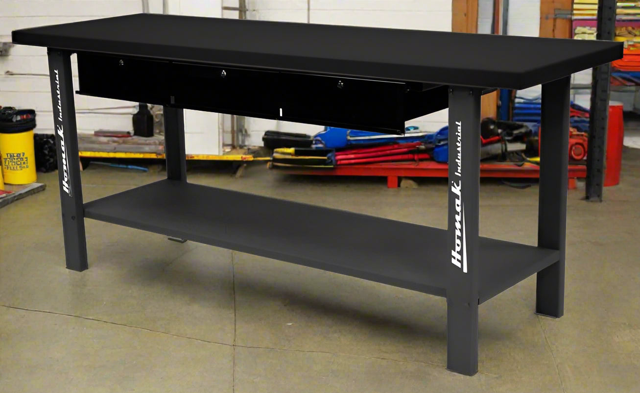 Homak Industrial Steel Workbench - commercial grade workbench in auto repair shop