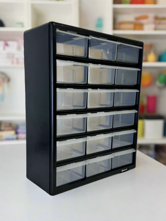 Homak plastic parts 18 drawer parts organizer sitting in a crafting room - Securability