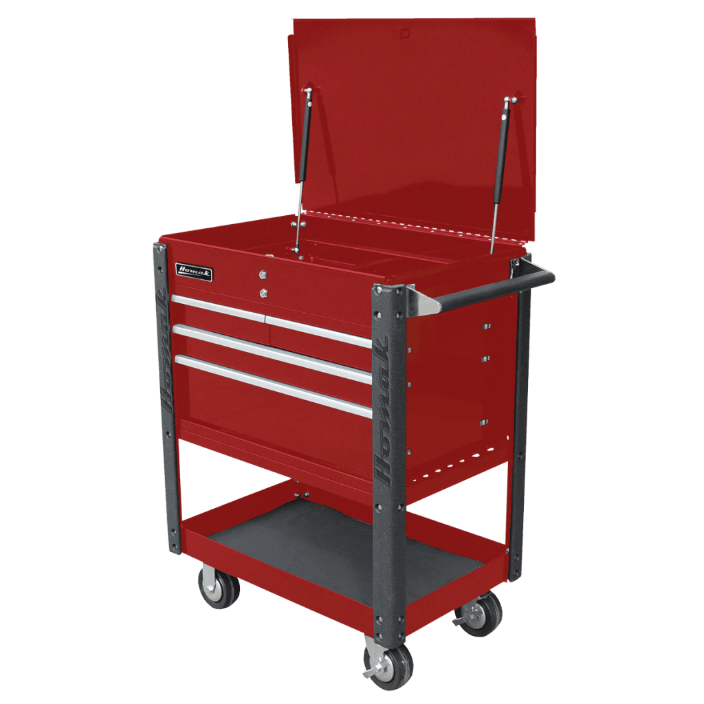 red35-inch flip-top service cart with four drawers, durable steel construction, locking casters, and lower storage shelf—perfect for professional tool organization in garages and workshops.