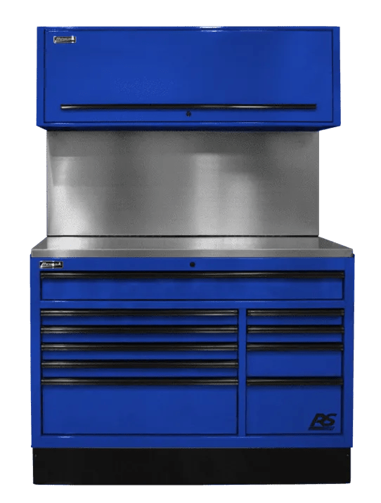 blue Homak 41" CTS stationary toolbox featuring heavy-duty steel construction, multiple smooth-glide drawers, secure locking system, and durable work surface for professional garage, workshop, and industrial tool storage organization.