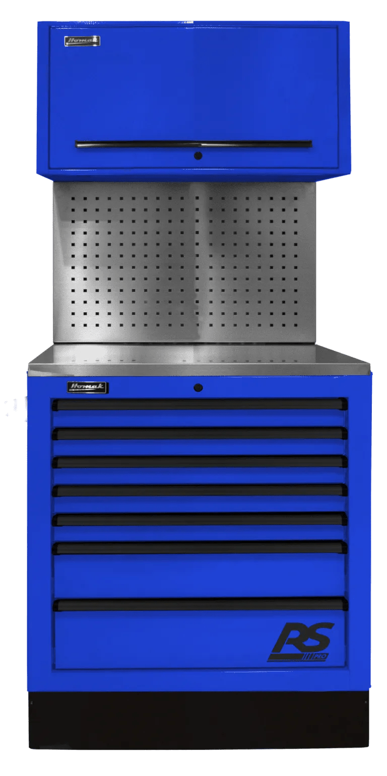blue toolbox with black drawer pulls homak rs pro 36" Centralized Tool Storage Cabinet - Securability