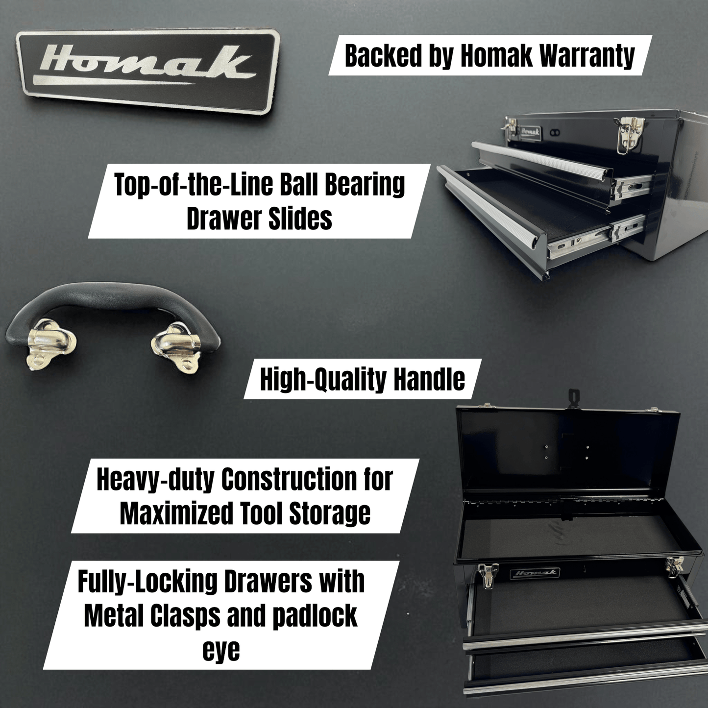 Homak 20″ Two Drawer Ball Bearing Toolbox - Securability