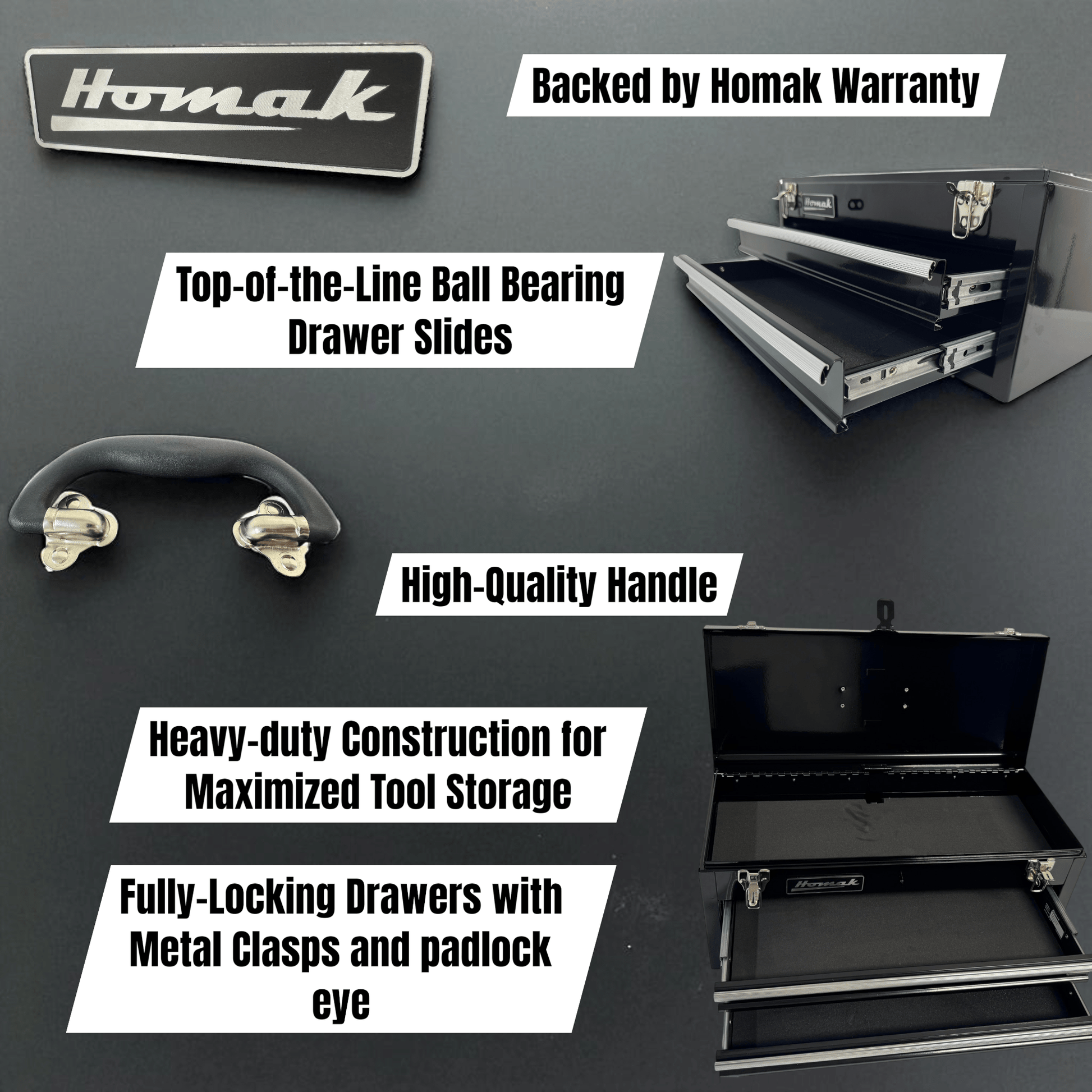 Homak 20″ Two Drawer Ball Bearing Toolbox - Securability