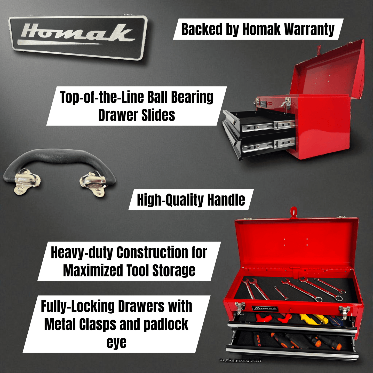 Homak 20″ Two Drawer Ball Bearing Toolbox - Securability