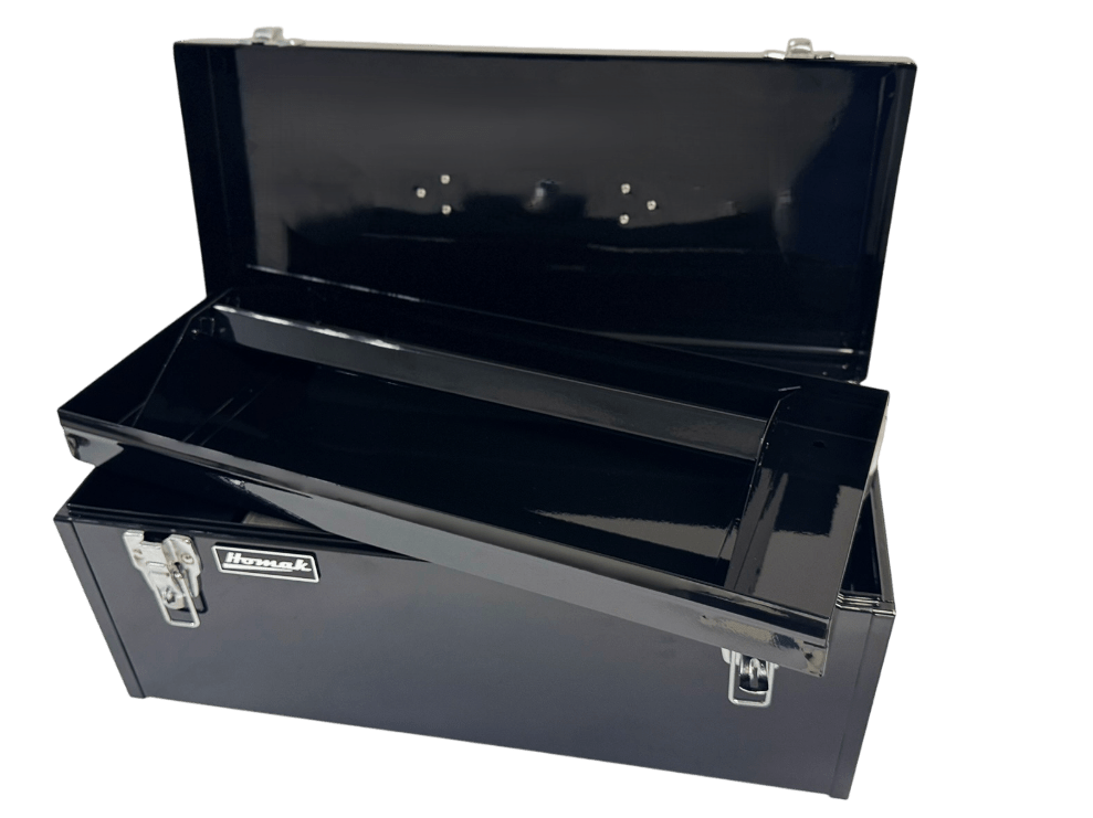 Homak 20in. Portable Steel Tool Box Removable Tray Heavy Duty Organizer - Hand carry tool box Red