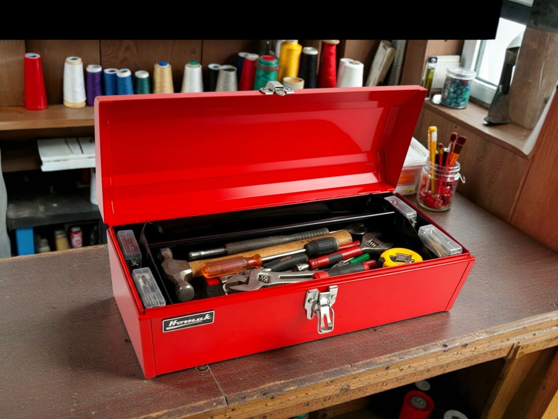 Homak RD00119200 19" Steel Hip Roof Tool Box – Red Portable Hand Carry Tool Storage with Removable Tray - Hand carry tool box