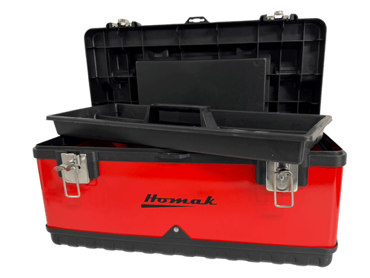 Homak Red Metal Black Plastic Hand Carry Toolbox Removable Tray - Securability