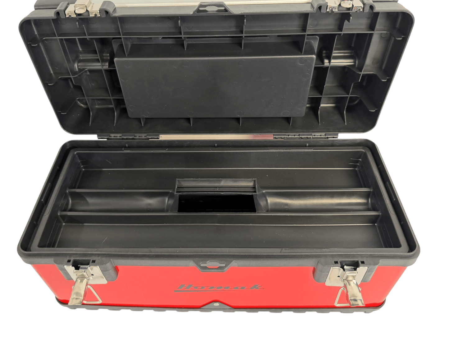 Homak Red Metal Black Plastic Hand Carry Toolbox Removable Tray - Securability