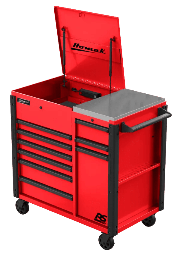Homak RS Pro 8 Drawer Flip Top Power Service Cart - Service Cart red