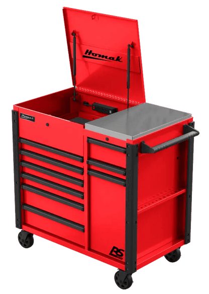 Homak RS Pro 8 Drawer Flip Top Power Service Cart - Service Cart red