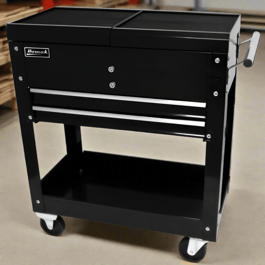 homak Black tool cart with multiple drawers on a beige floor