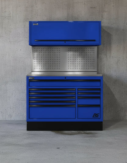 Blue tool cabinet with multiple drawers against a concrete wall. homak heavy duty toolbox 