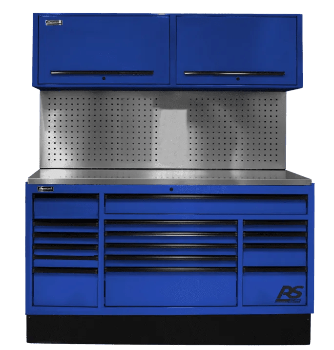 Blue homak rs pro  tool cabinet with multiple drawers and a pegboard on a white background