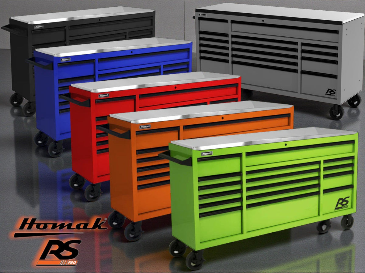 Homak RS Pro rolling workstations in red, blue, orange, green, black, and gray featuring heavy-duty steel construction,