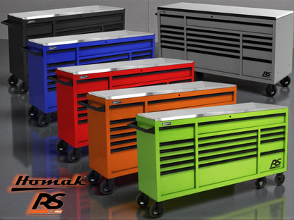 Homak RS Pro rolling workstations in red, blue, orange, green, black, and gray featuring heavy-duty steel construction,