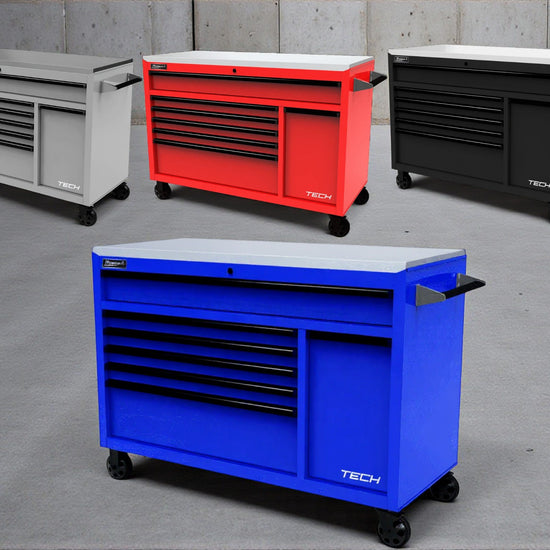 Homak 54" RS Pro Tech box with power drawer black blue red grey power toolbox