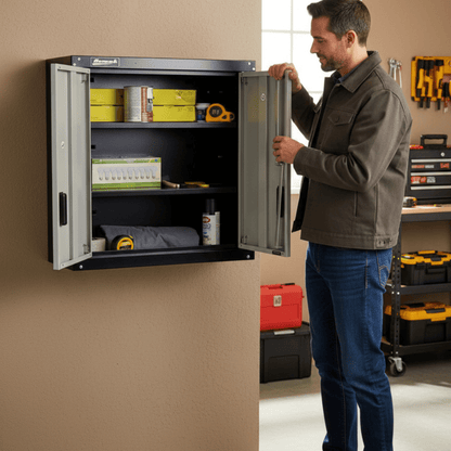 Steel garage wall cabinet with adjustable shelves - Securability