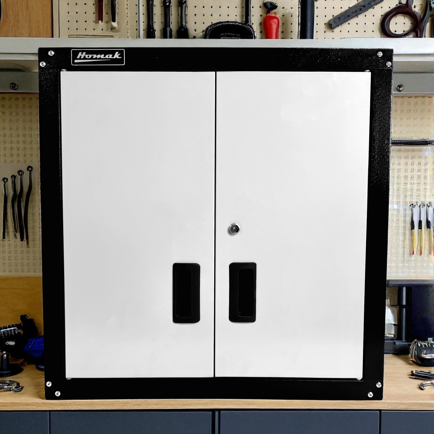 Steel garage wall cabinet with adjustable shelves