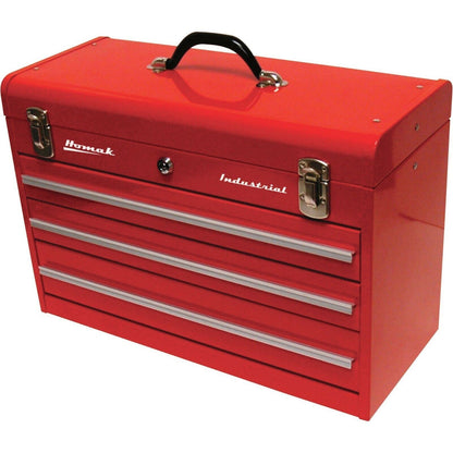 A red metal industrial three-drawer friction toolbox with a handle on top and the brand 'homak' written on the side.